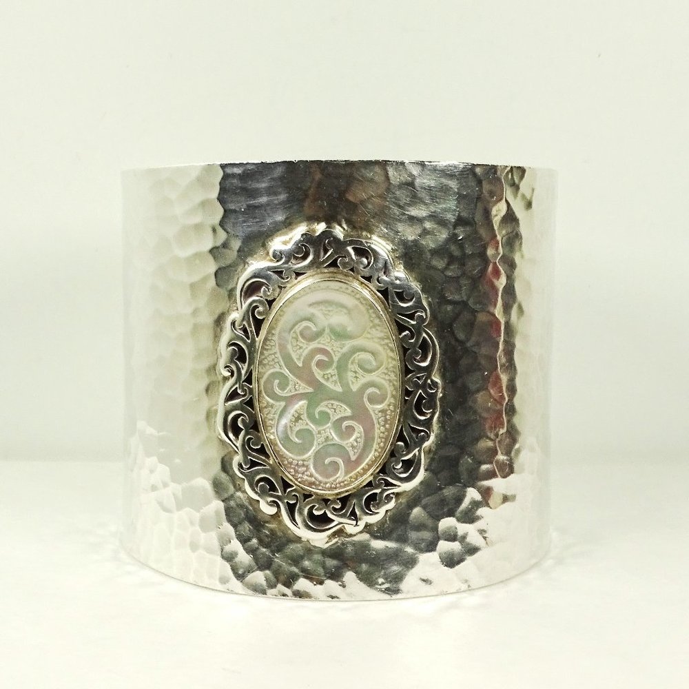 LOIS HILL Sterling Silver Scroll Hammered MOP Wide Cuff Bracelet